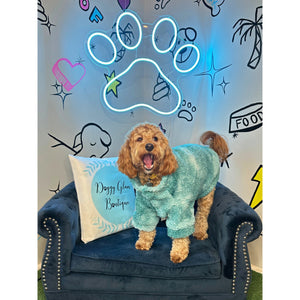 White Sherpa Dog Jacket | Aqua Blue Dog Jacket | Doggy Glam Boutique