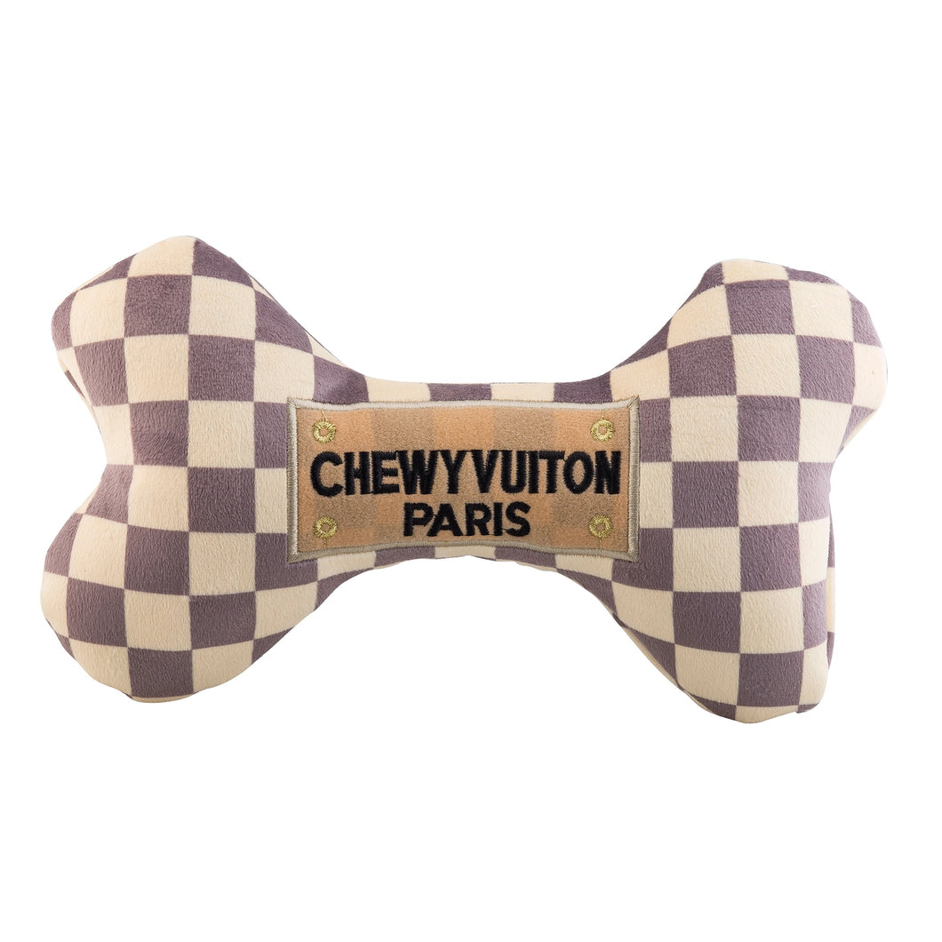 Brown and Beige Checker Chewy Vuiton Toy Bone - Doggy Glam Boutique