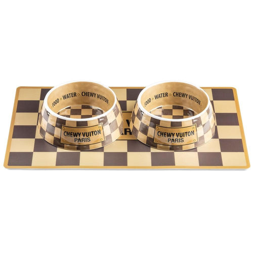 Chewy Vuiton -Checker Dog Bowl/ Mat Set - Doggy Glam Boutique